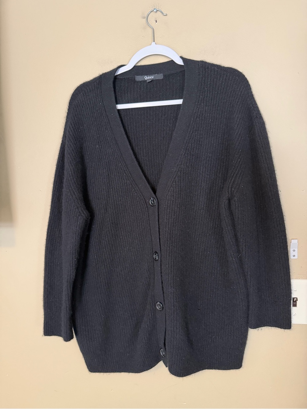 Quince Cashmere Ribbed  Black Boxy Cardigan Sweater - Picture 2 of 8